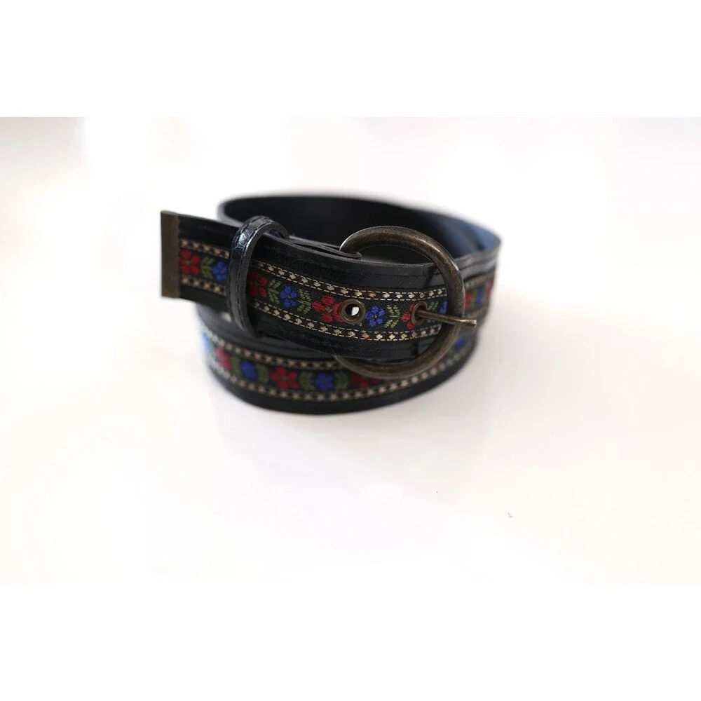 Vintage Women's Black Floral Folk Leather Round Buckle Belt Boho Western